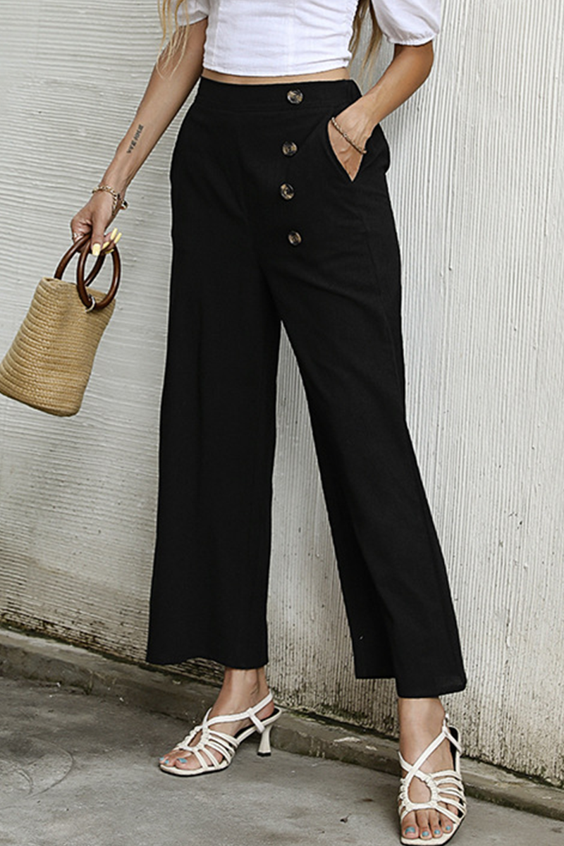 Casual Elegant Solid Buckle Capris Loose Wide Leg Solid Color Bottoms