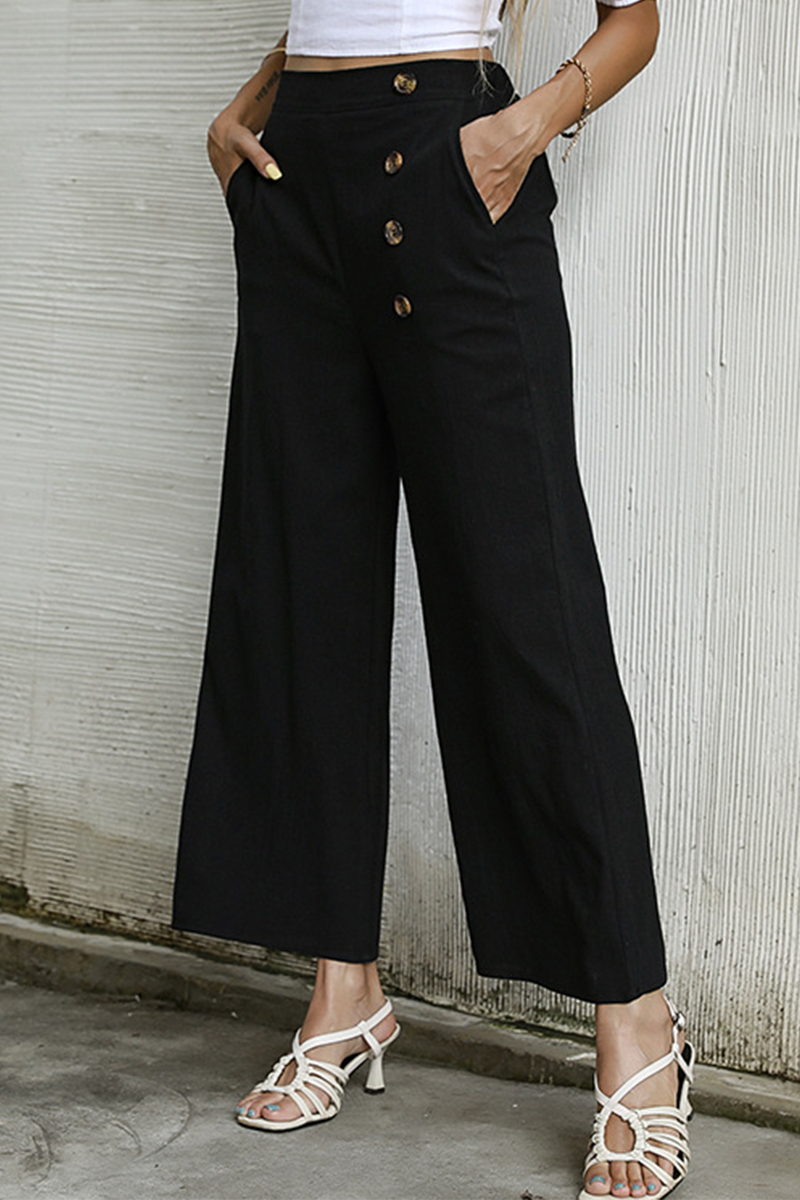 Casual Elegant Solid Buckle Capris Loose Wide Leg Solid Color Bottoms