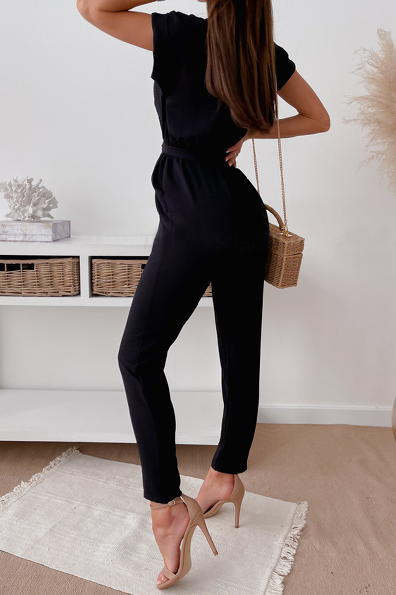 Elegant Solid Pocket With Belt Turn-back Collar Jumpsuits