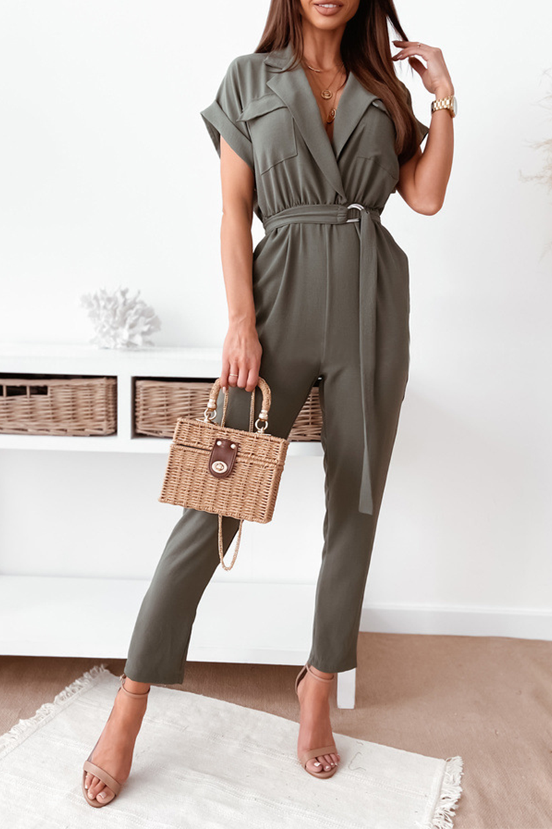 Elegant Solid Pocket With Belt Turn-back Collar Jumpsuits