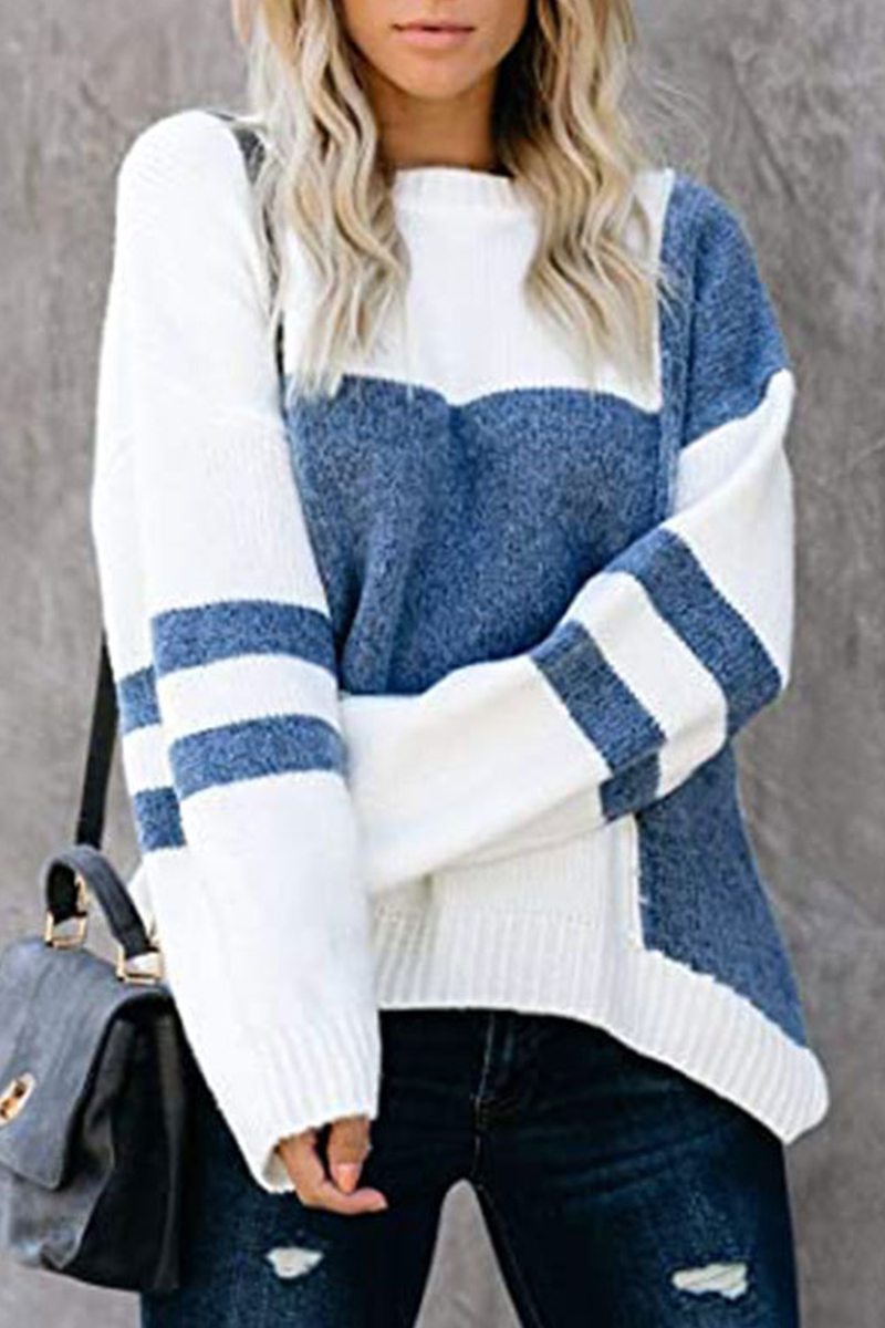 Casual Patchwork  Contrast O Neck Tops Sweater