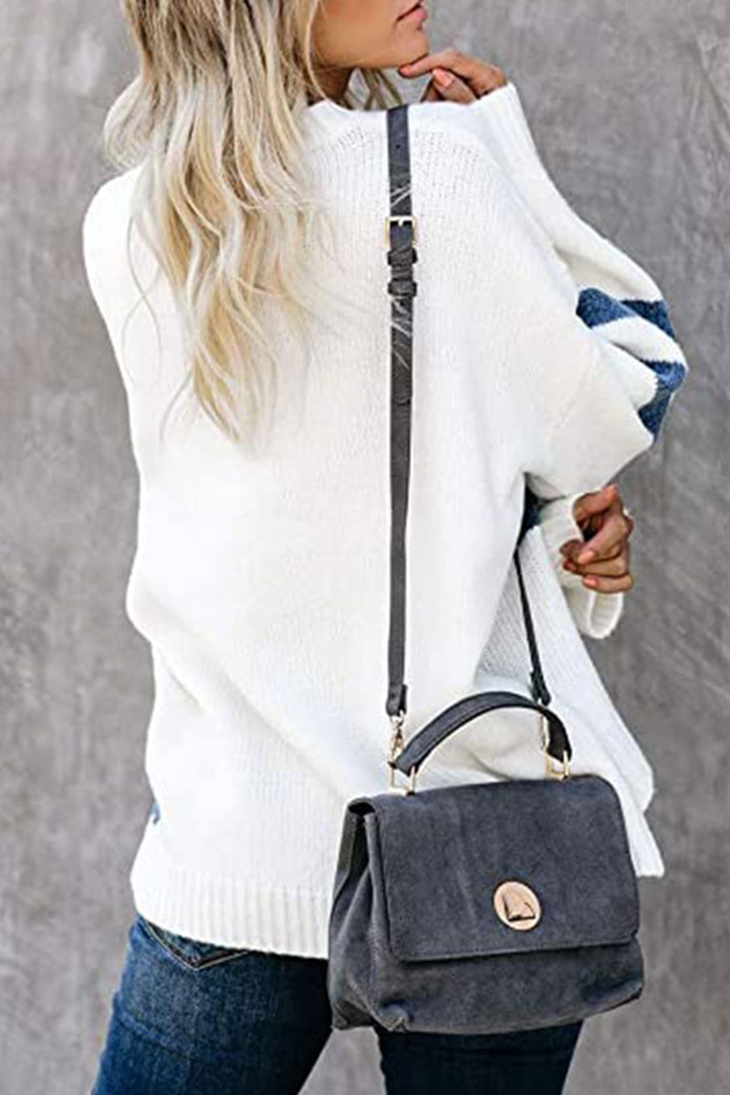 Casual Patchwork  Contrast O Neck Tops Sweater