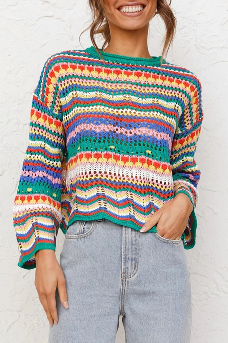 Fashion Street Striped Patchwork O Neck Sweaters(3 Colors)