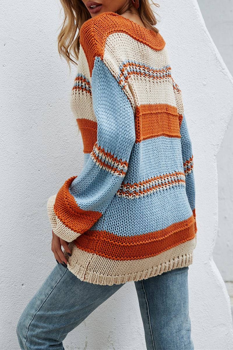 Casual Striped Contrast V Neck Tops Sweater