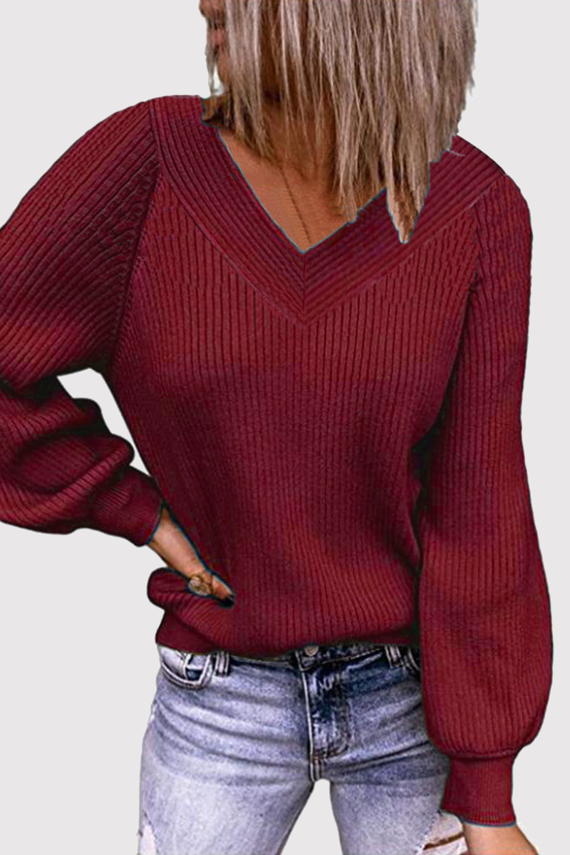 Casual Solid Split Joint V Neck Tops Sweater