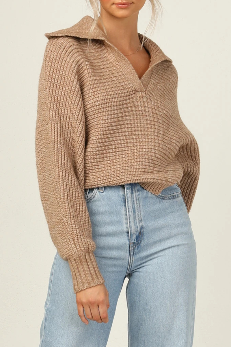 Casual Solid Split Joint Turndown Collar Tops Sweater