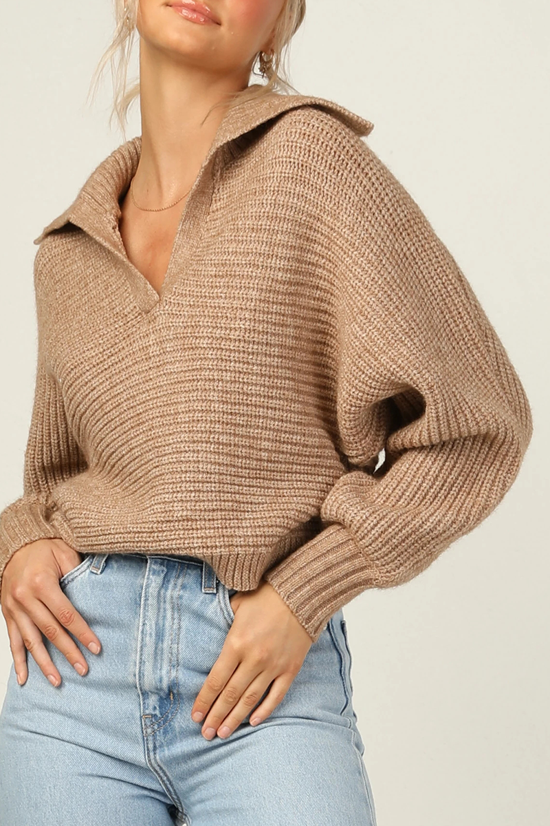 Casual Solid Split Joint Turndown Collar Tops Sweater