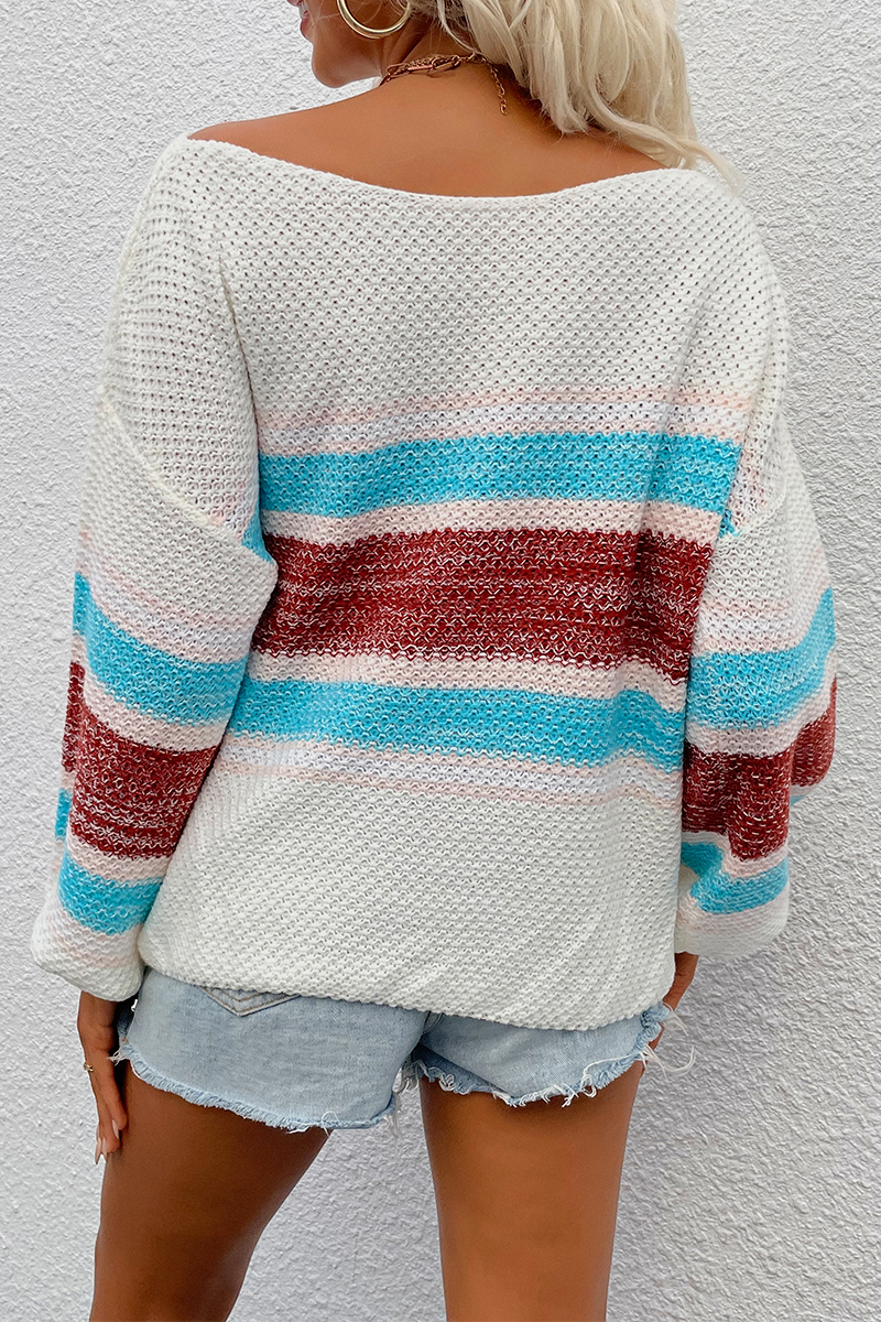 Casual Striped Patchwork Off the Shoulder Tops Sweater