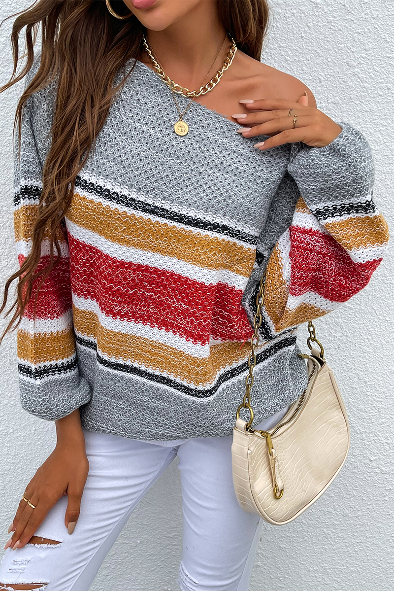 Casual Striped Patchwork Off the Shoulder Tops Sweater