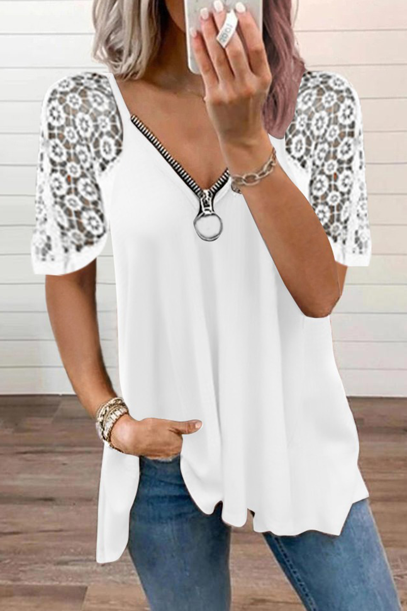 Casual Solid Lace Zipper V Neck T-Shirts(5 colors)