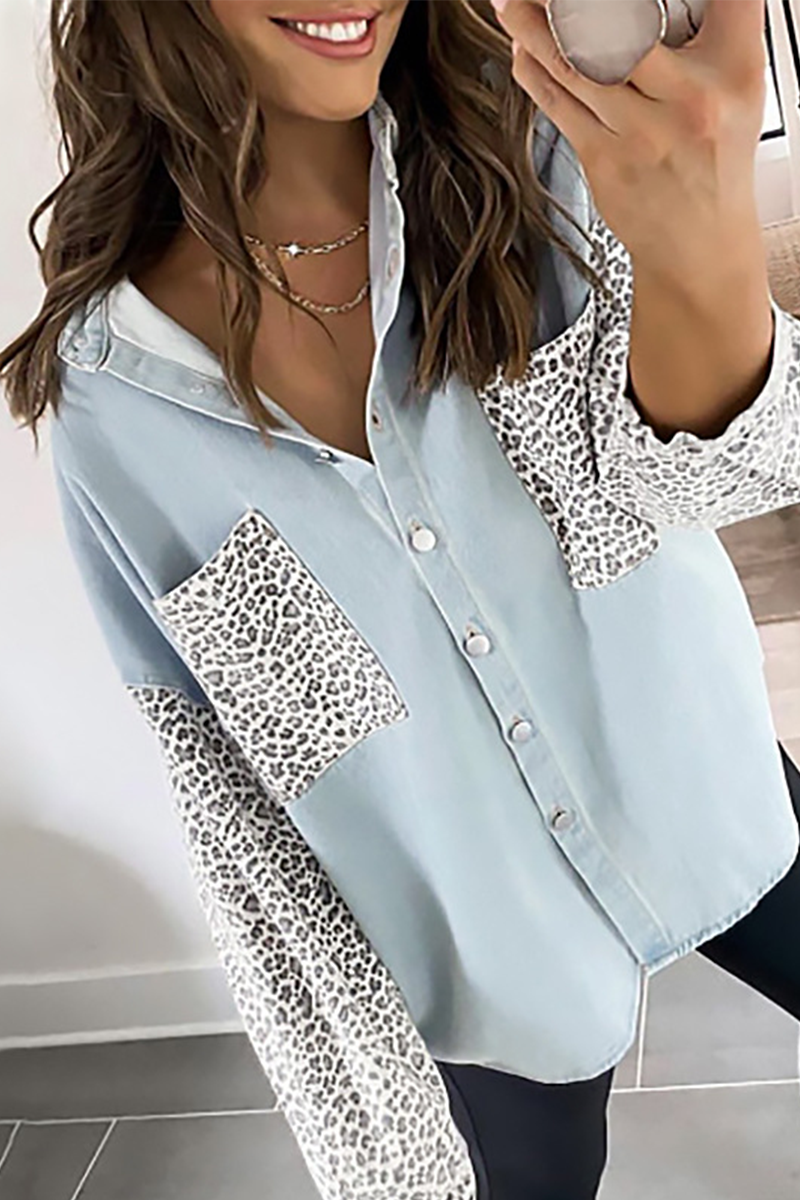 Casual Leopard Split Joint Buckle Turndown Collar Tops