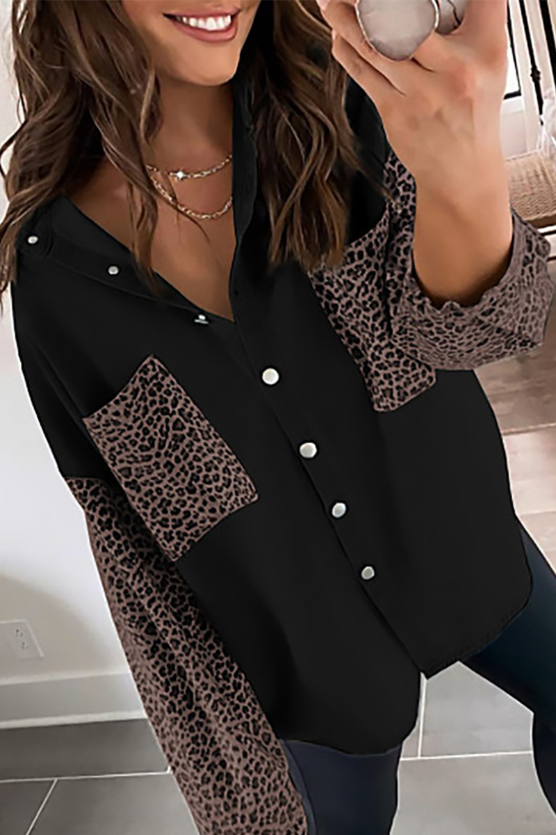 Casual Leopard Split Joint Buckle Turndown Collar Tops