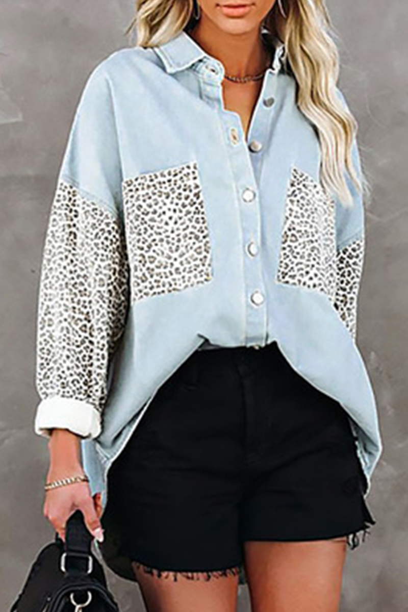 Casual Leopard Split Joint Buckle Turndown Collar Tops