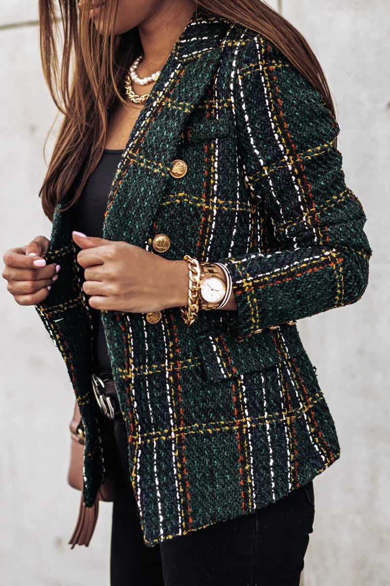 Elegant Plaid Striped Patchwork Buckle Turndown Collar Outerwear