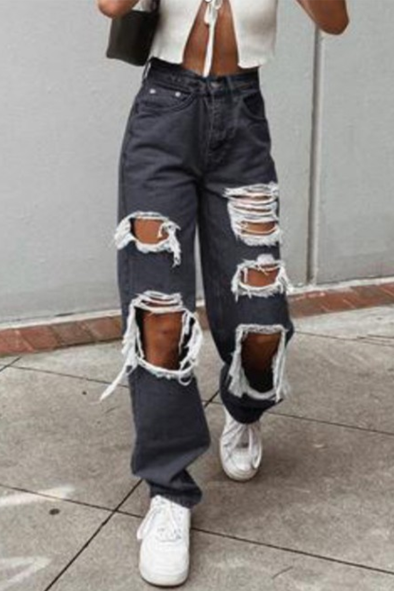 Street Solid Tassel Ripped Make Old Wide Leg Patchwork Bottoms