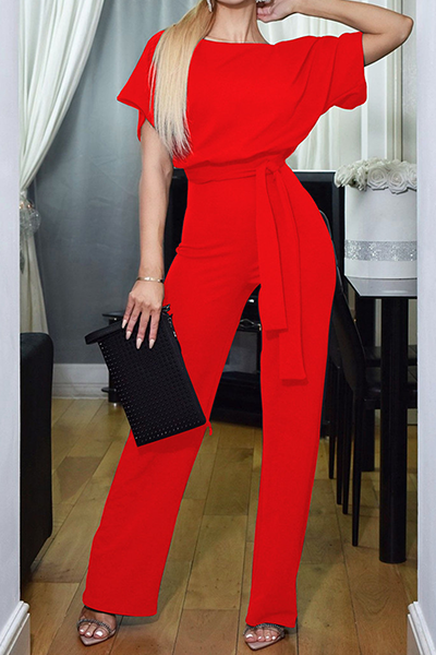 Casual Elegant Solid Patchwork Strap Design O Neck Straight Jumpsuits