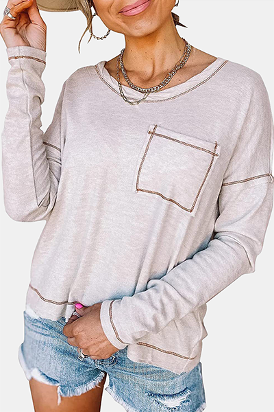 Casual Patchwork Pocket O Neck Tops(7 colors)