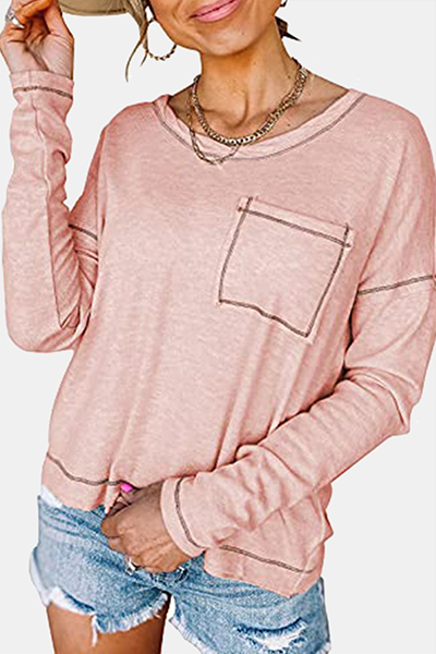 Casual Patchwork Pocket O Neck Tops(7 colors)