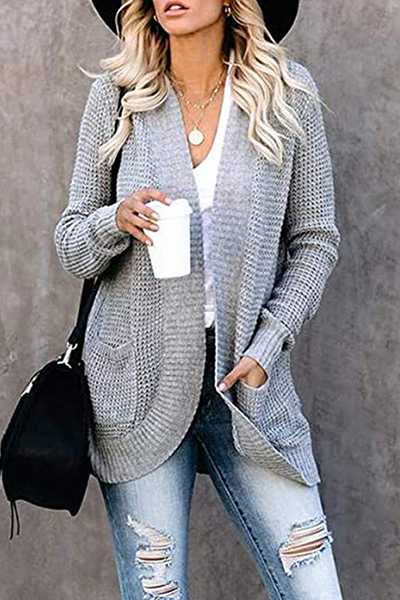 Casual Solid Split Joint Pocket V Neck Tops Sweater