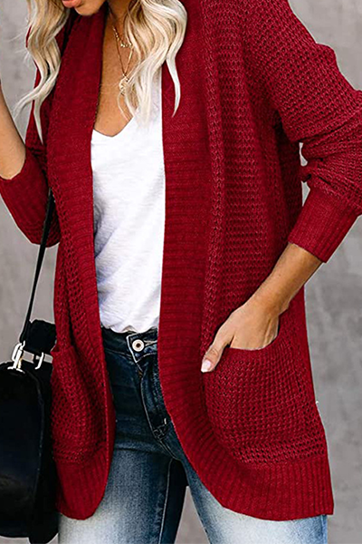 Casual Solid Split Joint Pocket V Neck Tops Sweater