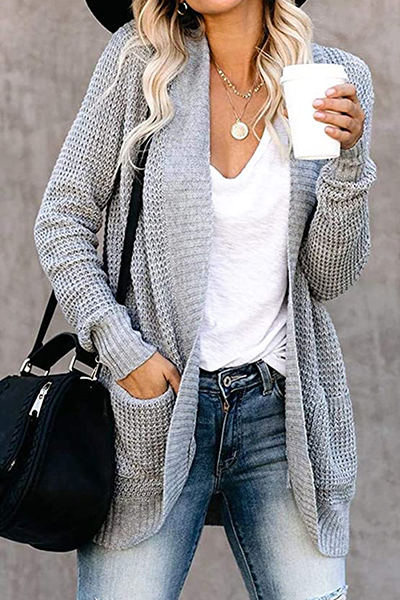 Casual Solid Split Joint Pocket V Neck Tops Sweater