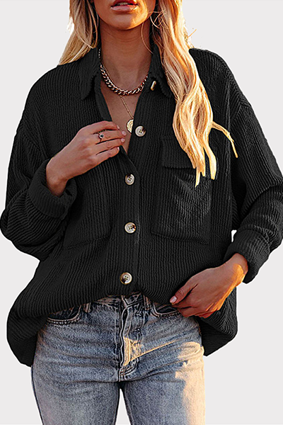 Casual Solid Pocket Buckle Turndown Collar Outerwear