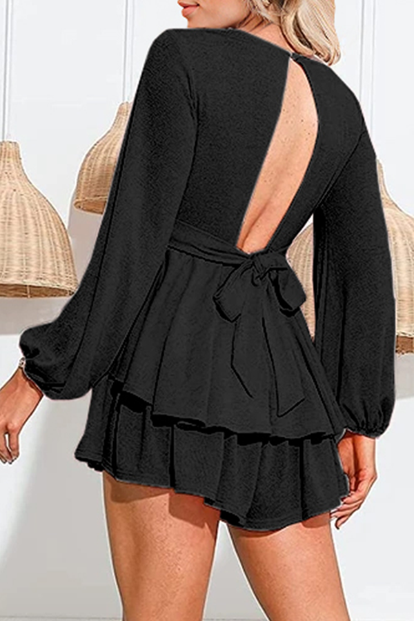 Casual Solid Backless Flounce Strap Design O Neck Rompers