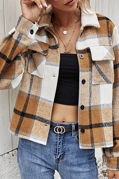 Casual Plaid Split Joint Buckle Turndown Collar Outerwear