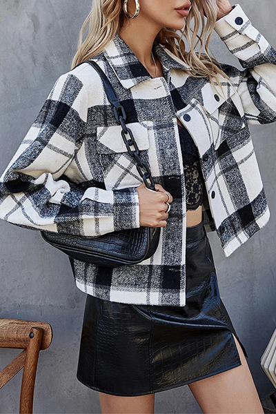 Casual Plaid Split Joint Buckle Turndown Collar Outerwear