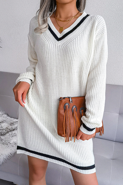 Casual Striped Split Joint  Contrast V Neck A Line Dresses Sweater (Without Belt)