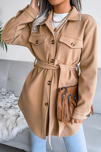 Casual Street Solid Buckle With Belt Turndown Collar Outerwear