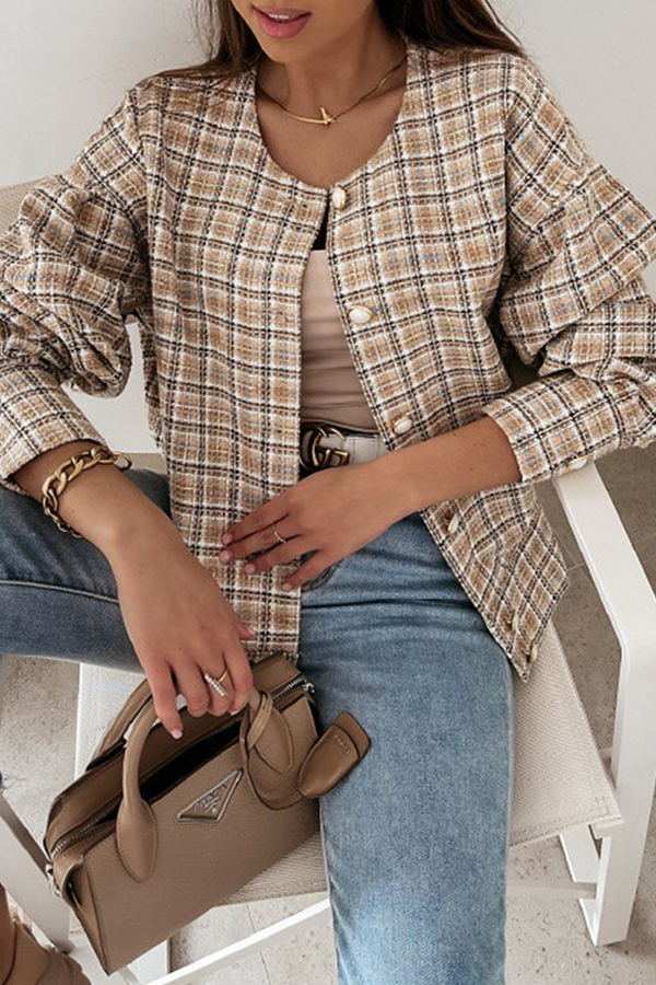 Casual Plaid Buckle O Neck Outerwear