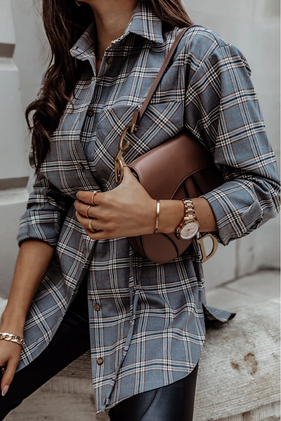 Casual Plaid Pocket Buckle With Belt Turndown Collar Tops(3 Colors)