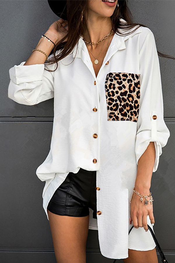 Casual Leopard Patchwork Buckle Turndown Collar Tops