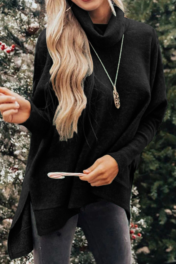 Casual Solid Split Joint Slit Turtleneck Tops