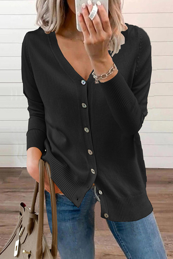 Casual Solid Patchwork Buckle V Neck Tops Sweater(12 Colors)