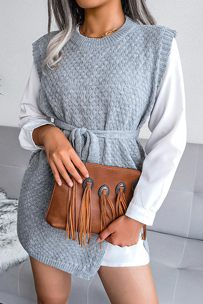 Casual Solid Slit With Belt O Neck Tops Sweater