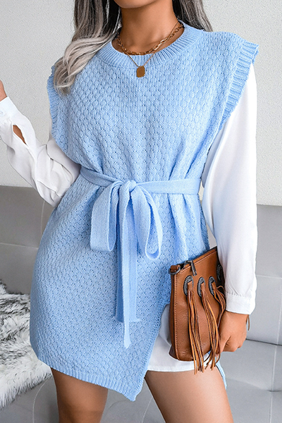 Casual Solid Slit With Belt O Neck Tops Sweater