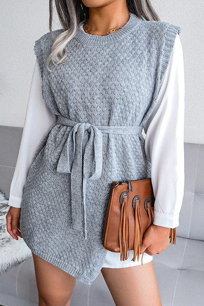 Casual Solid Slit With Belt O Neck Tops Sweater