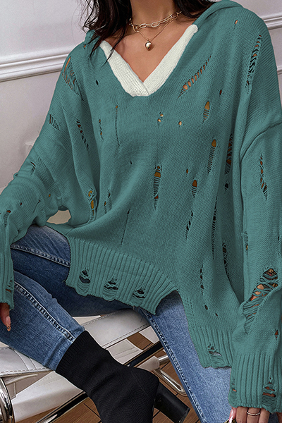 Casual Patchwork Tassel Ripped Hooded Collar Tops