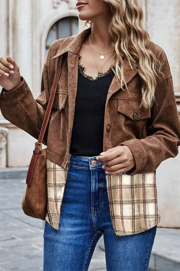 Casual Plaid Split Joint Buckle Turndown Collar Outerwear