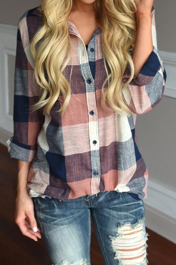 Casual Plaid Pocket Buckle Turndown Collar Tops