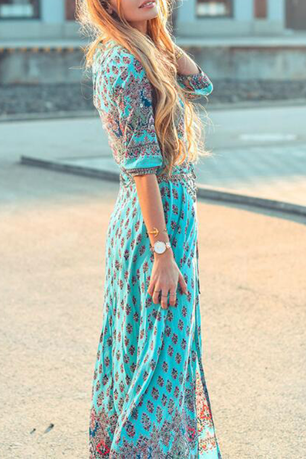 Bohemian Print Buckle Slit V Neck Dresses(7 Colors)