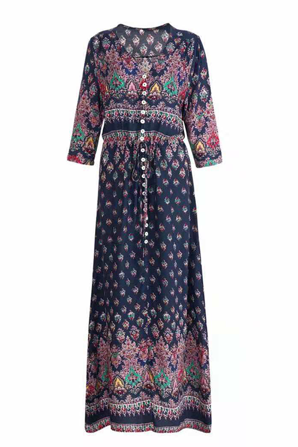 Bohemian Print Buckle Slit V Neck Dresses(7 Colors)