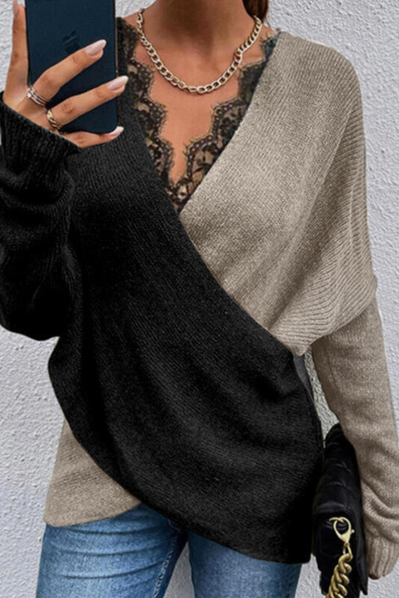 Casual Patchwork Lace Contrast V Neck Sweaters(3 colors)