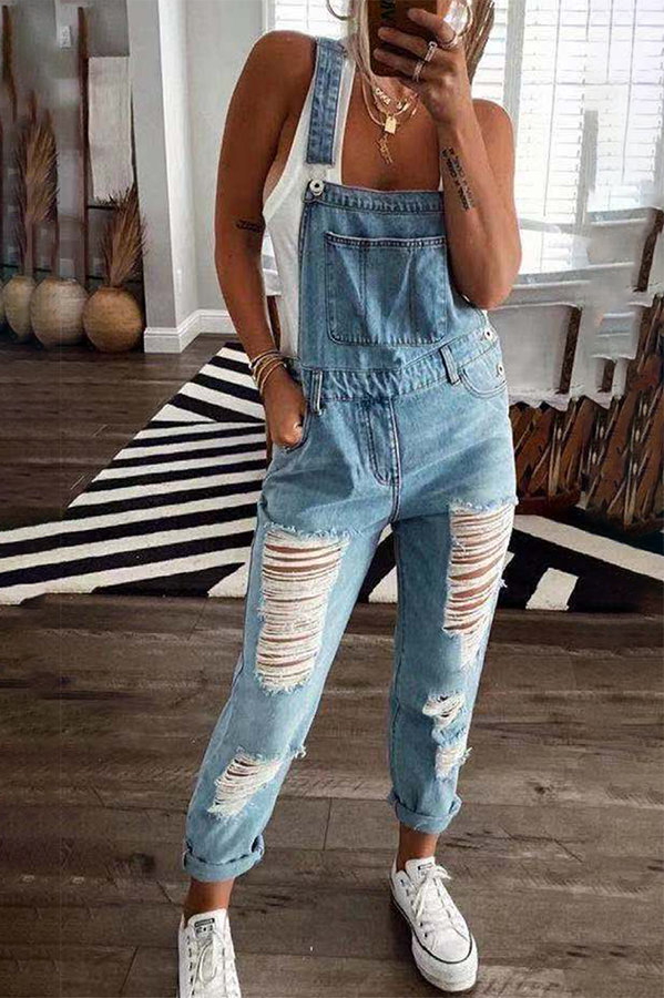 Street Solid Tassel Ripped Jumpsuits