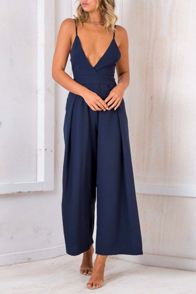 Sexy Solid Patchwork Spaghetti Strap Loose Jumpsuits(3 colors)