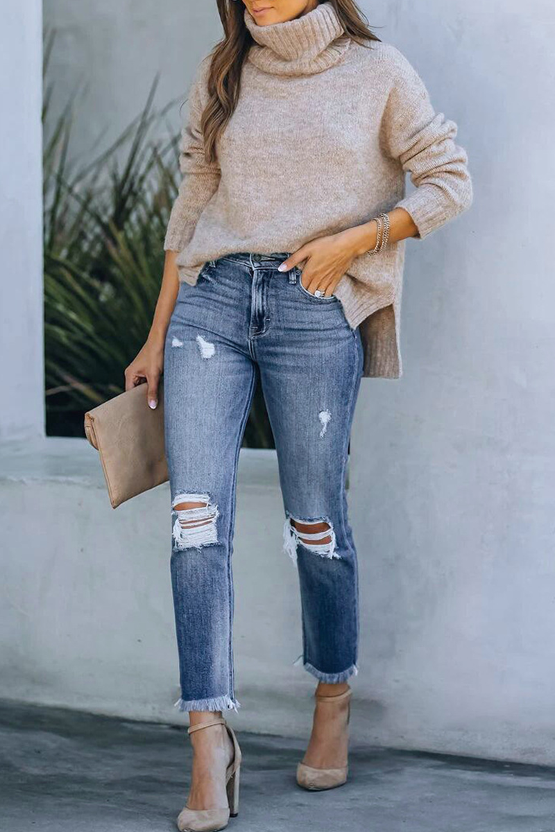 Casual Solid Ripped Mid Waist Skinny Denim Jeans