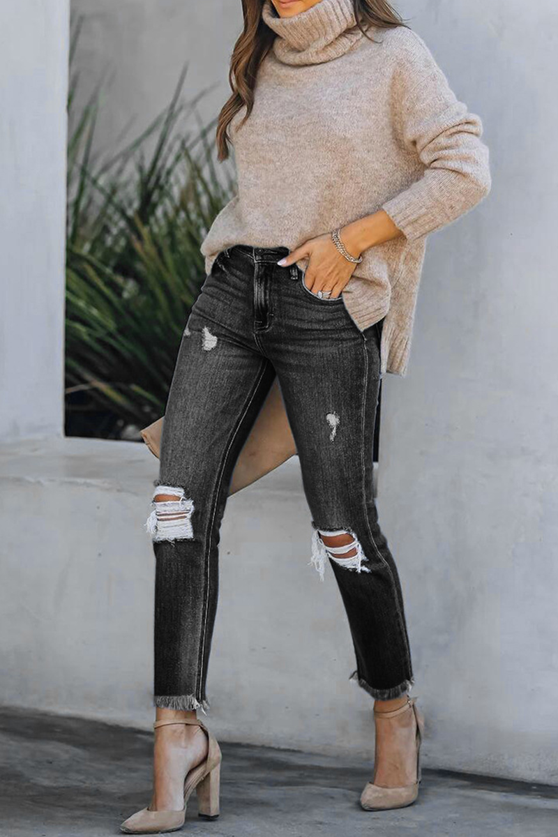 Casual Solid Ripped Mid Waist Skinny Denim Jeans