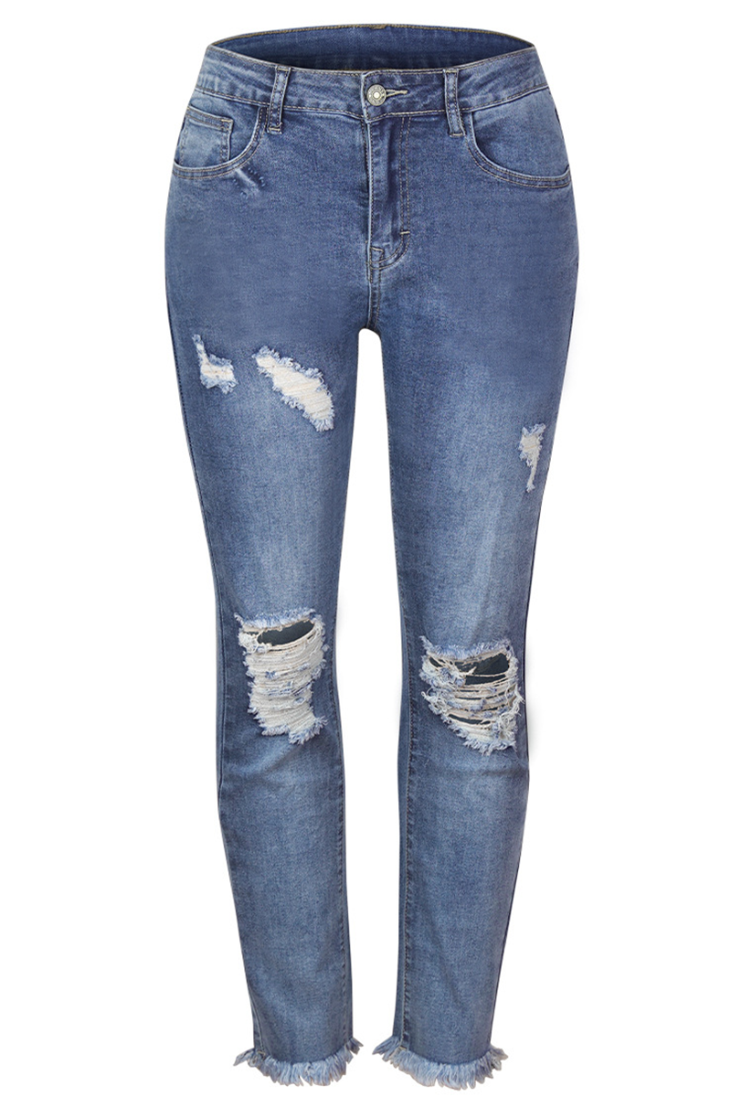 Casual Solid Ripped Mid Waist Skinny Denim Jeans